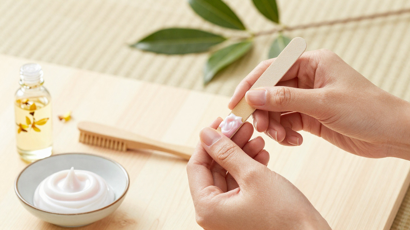 Mains appliquant une crème rose sur une lime à ongles en bois avec huile et brosse sur une table en bois.