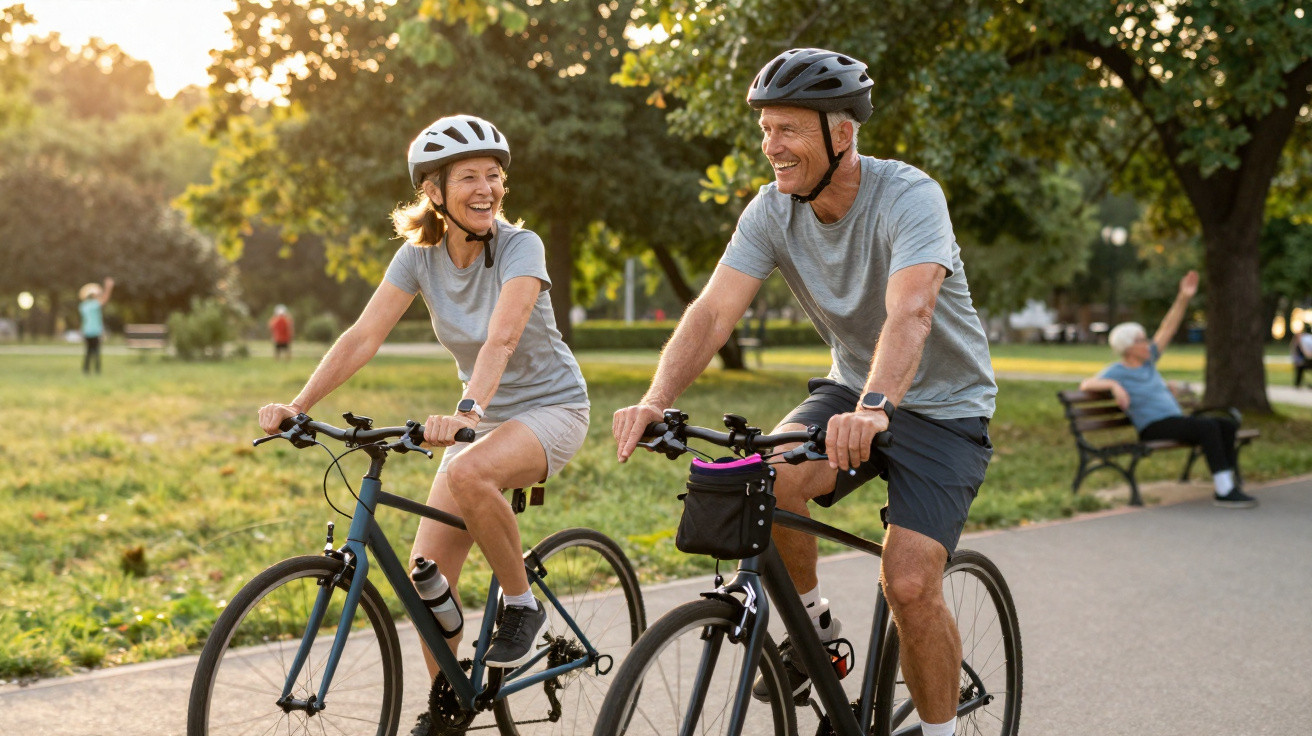 Couple de seniors souriants faisant du vélo dans un parc ensoleillé avec des arbres et des passants en arrière-plan.