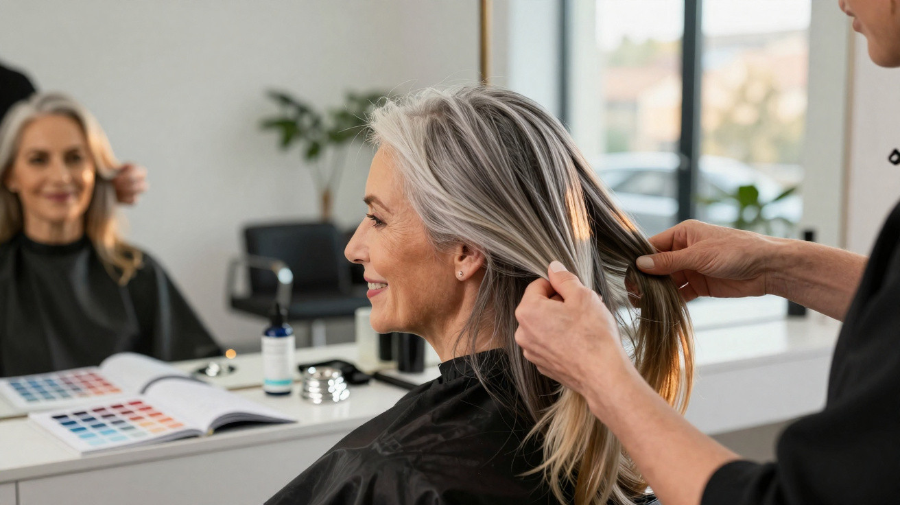 Femme aux cheveux gris souriante, assise chez le coiffeur, qui lui prépare ses cheveux devant un miroir.