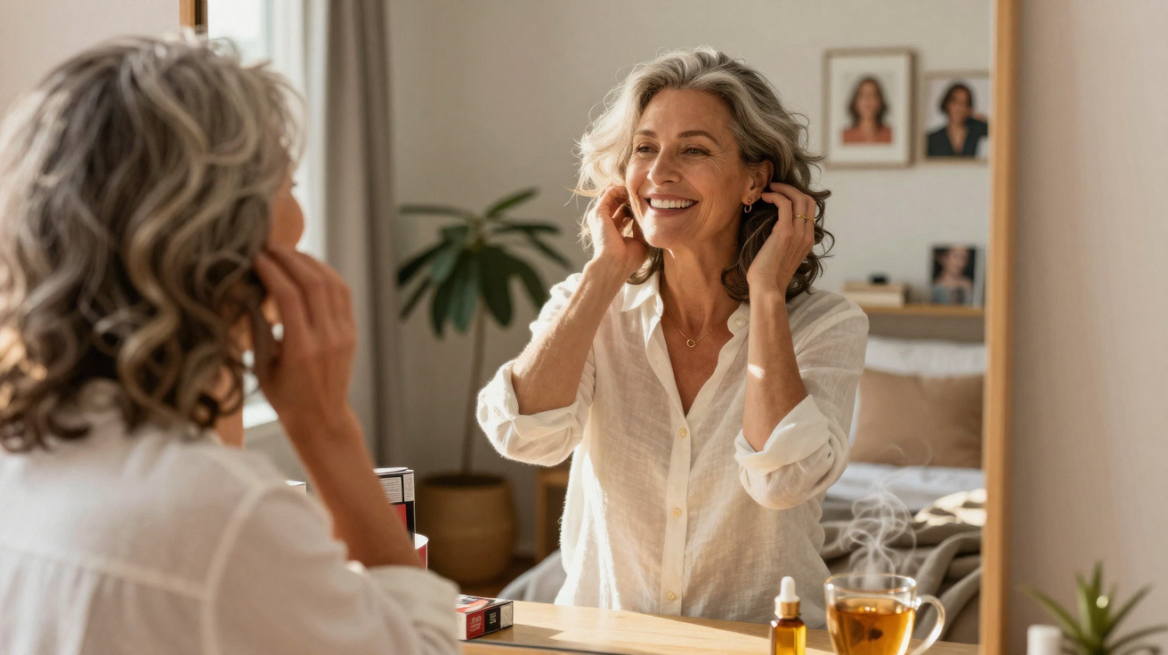 Femme souriante aux cheveux gris s'apprêtant devant un miroir dans une chambre lumineuse.