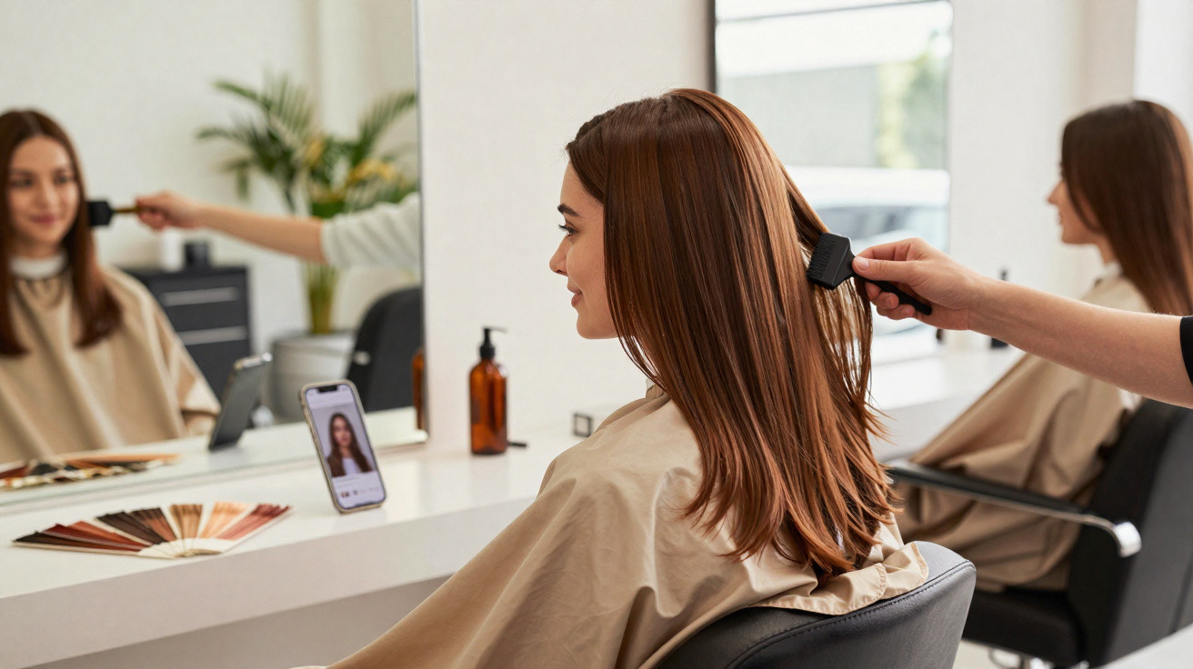 Jeune femme lors d'une coiffure au salon, cheveux brossés devant un miroir avec un téléphone posé.