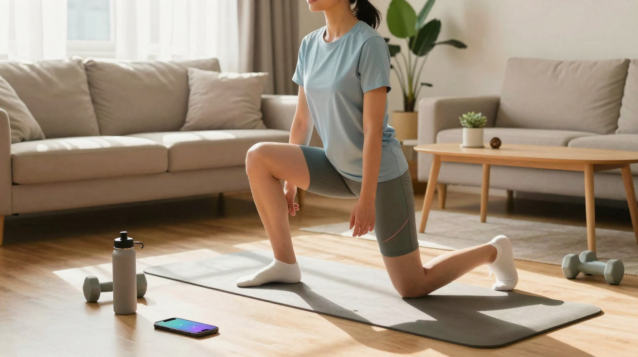 Femme en tenue de sport faisant des étirements sur tapis dans un salon lumineux avec haltères et bouteille d’eau.