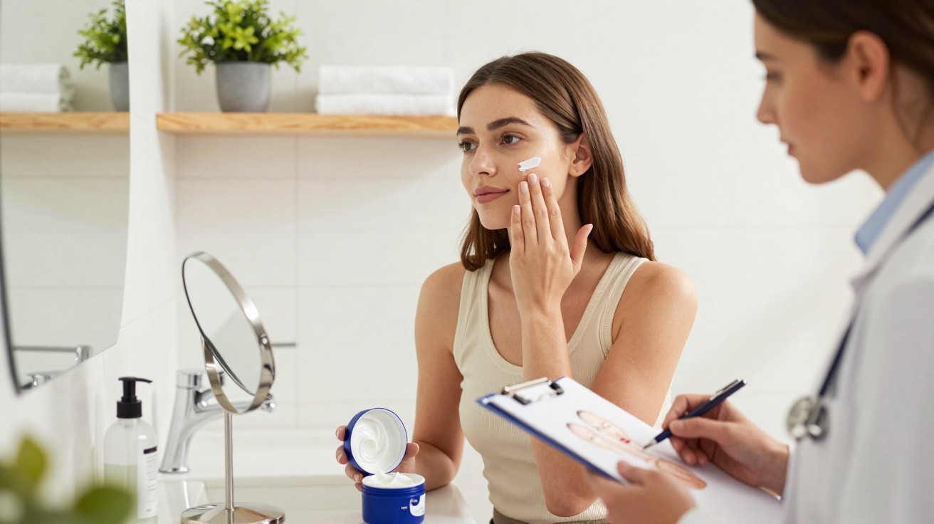 Jeune femme appliquant une crème visage devant un miroir, en consultation avec un médecin.