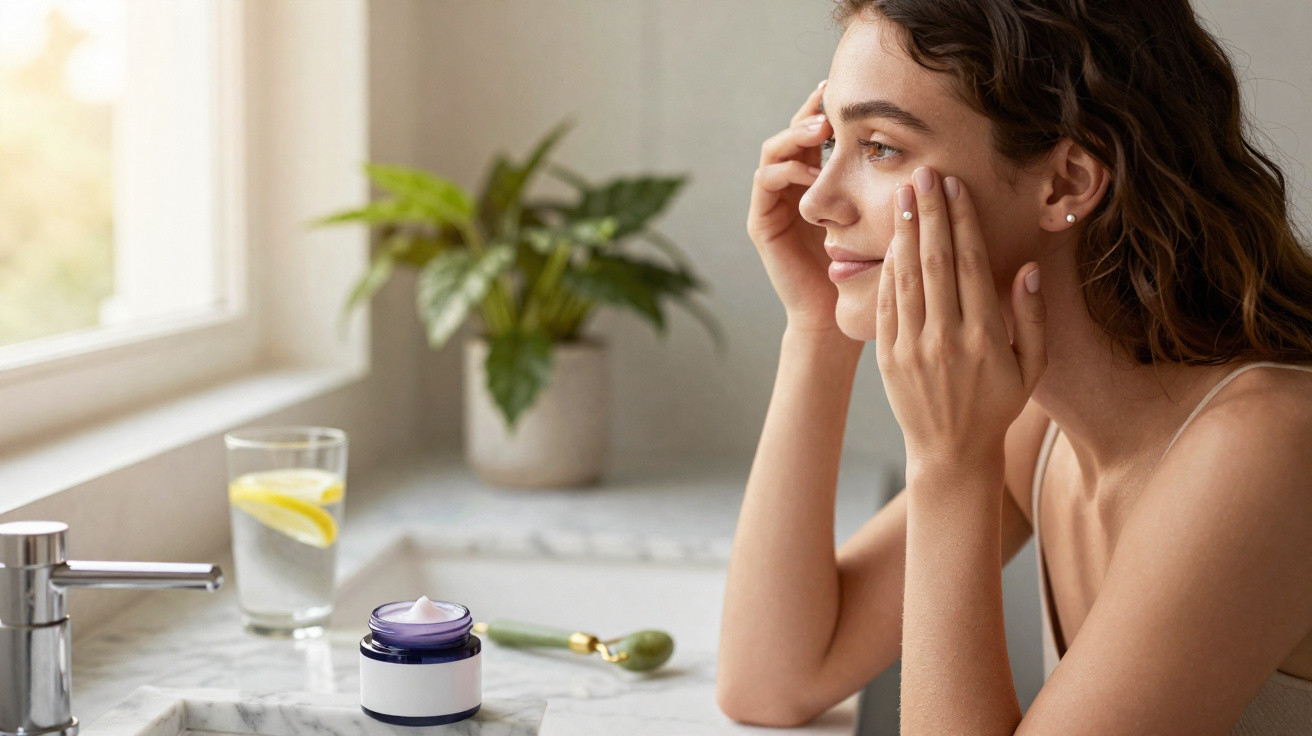 Femme appliquant une crème hydratante sur son visage dans une salle de bain lumineuse.