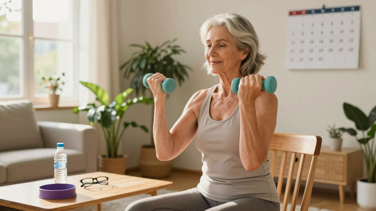 Femme âgée souriante faisant des exercices avec des haltères assise dans un salon lumineux.