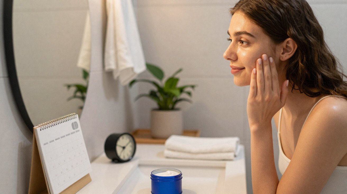 Femme appliquant une crème hydratante sur le visage devant un miroir dans une salle de bain lumineuse.