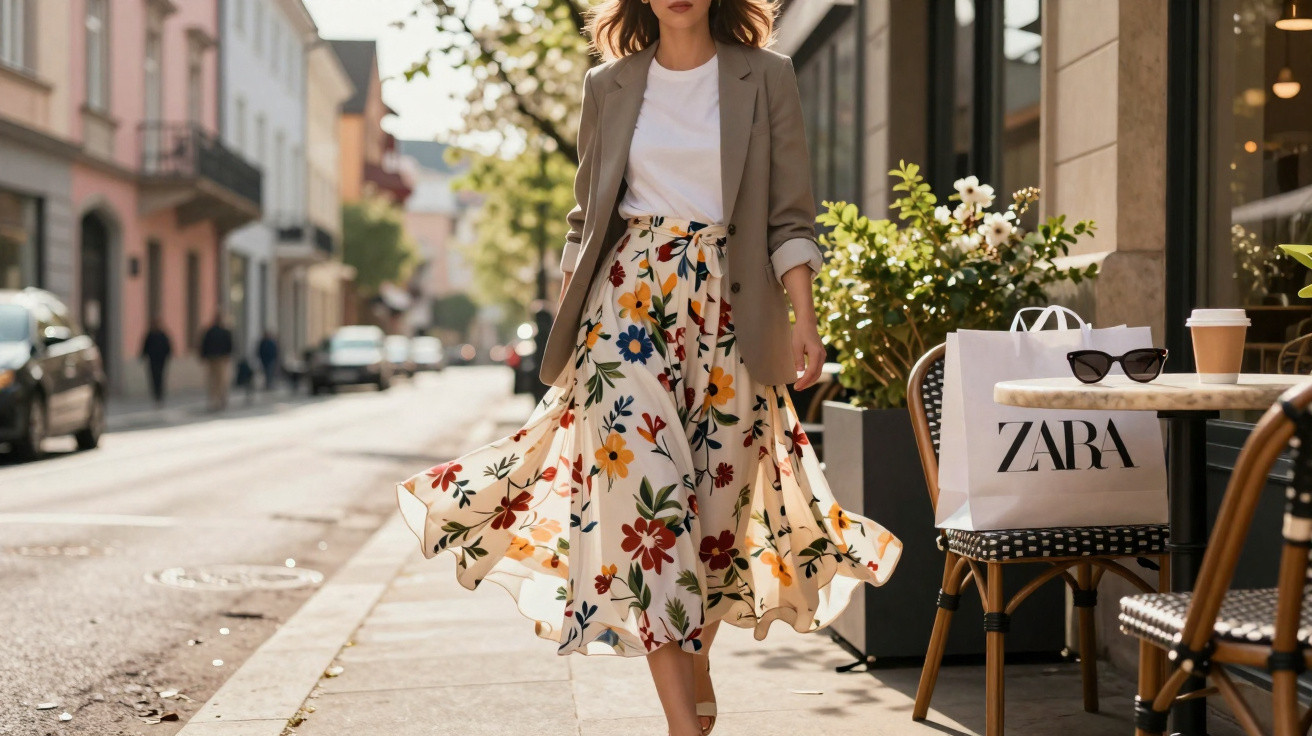 Femme marchant en jupe fleurie et blazer kaki sur un trottoir proche d’un café avec sac Zara.