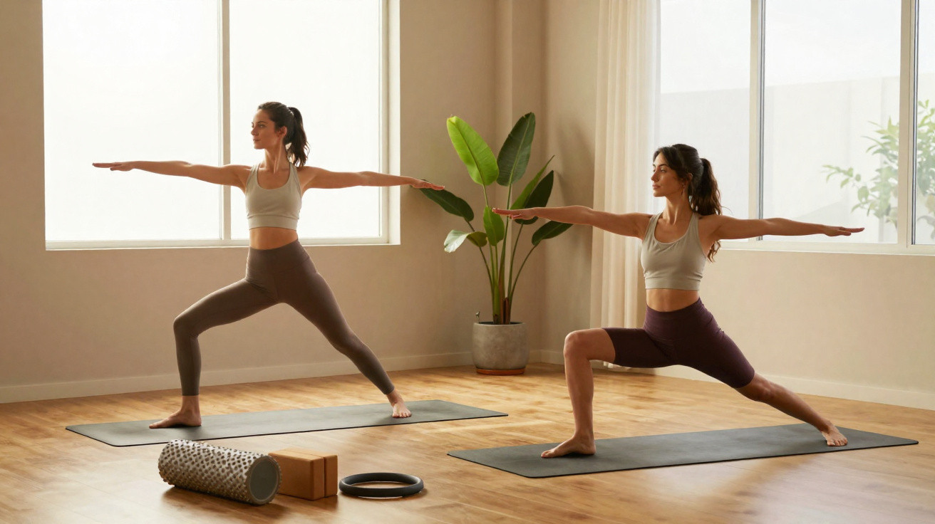Deux femmes font du yoga en posture guerrier dans une salle lumineuse avec plantes et accessoires au sol.
