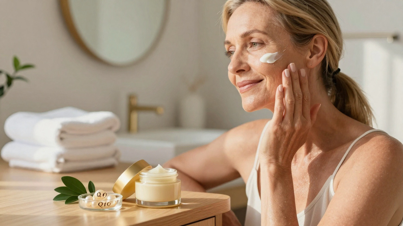 Femme appliquant une crème hydratante sur son visage dans une salle de bain lumineuse et épurée.