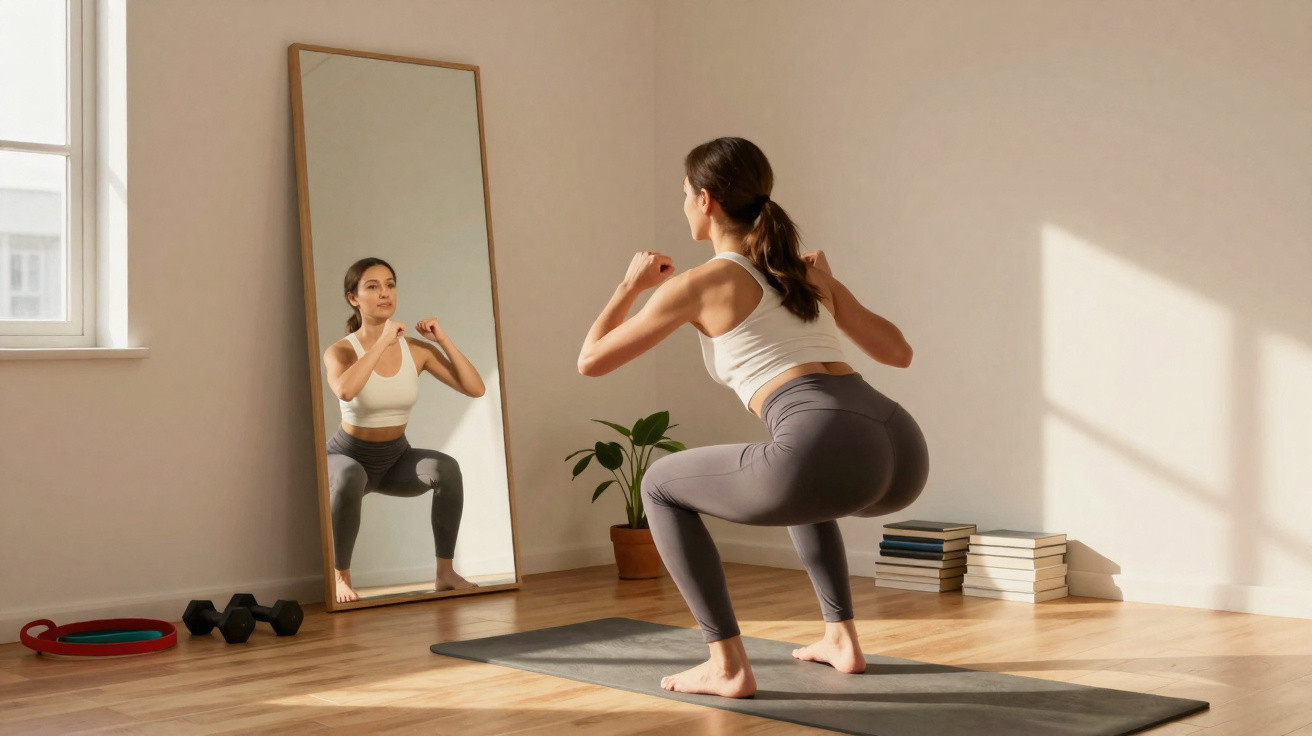Femme en tenue de sport faisant des squats devant un grand miroir dans un salon lumineux avec tapis de yoga.
