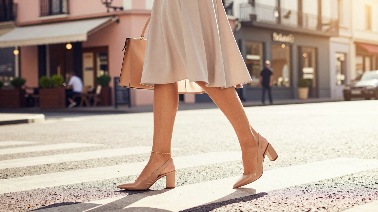 Jambes féminines en jupe beige et chaussures à talons marchant sur un passage piéton en ville.